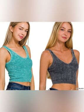 Zenana Ribbed Mineral Wash Cropped Tank Top Bundle Seamless V-Neck Brami S/M